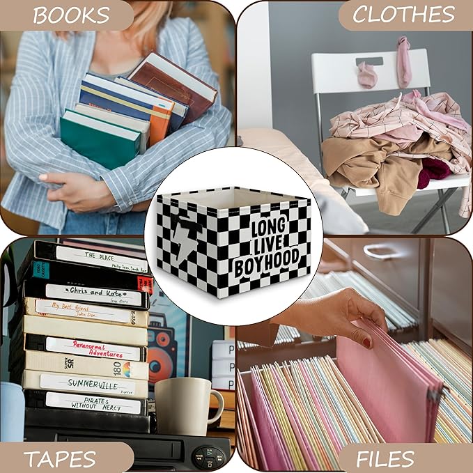 Long Live Boyhood Foldable Storage Bins Box with Handles, Black and White Checkered Collapsible Organizer Basket for Kids Boys Bedroom Bathroom Nursery Playroom Clothes Toys Books
