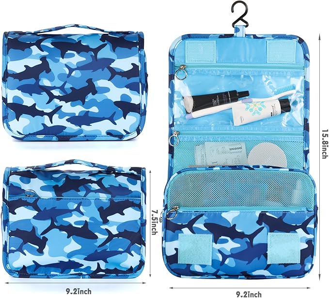 Kids Hanging Toiletry Bag for Boys, Travel Toiletry Bag for Little Young Boys Waterproof Wash Bag Toddler Traveling Toiletries, Shark Blue Camo