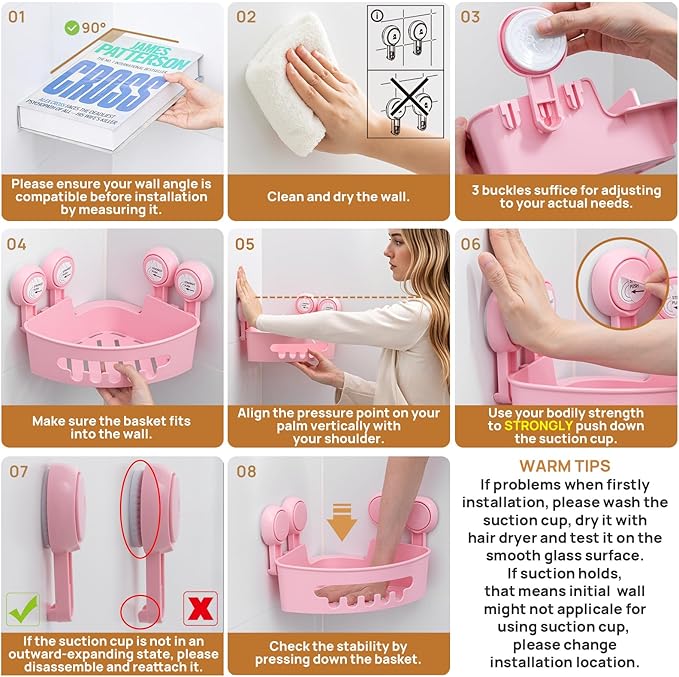 LEVERLOC Corner Shower Caddy Suction Cup, Powerful Suction Bathroom Shower Shelf, Waterproof and Rustproof Organizer for Bathroom Storage and Kitchen, No-Drilling Removable, Pink