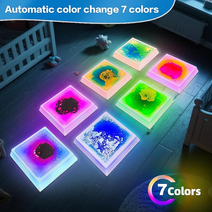 Light Up Sensory Floor Tiles for Kids - 12x12 Inch Liquid Sensory Play Mat with 7 Colors Led Lights, Non-Slip Puzzle Mat for Home and Classroom, Autism Sensory Toys for Toddlers Ages 3-7 (Pack of 6)