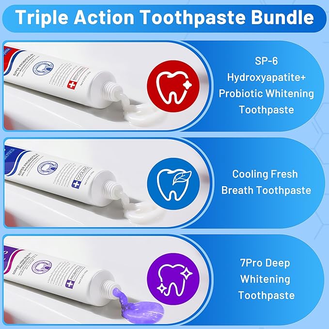 SP-6 Toothpaste Set, 6 Probiotics for Whitening & Cooling Fresh Breath, and 7- Pro Intense Whitening, Fluoride-Free, Safe for Enamel, Deep Brigthtening & Freshness 3 in1 Set