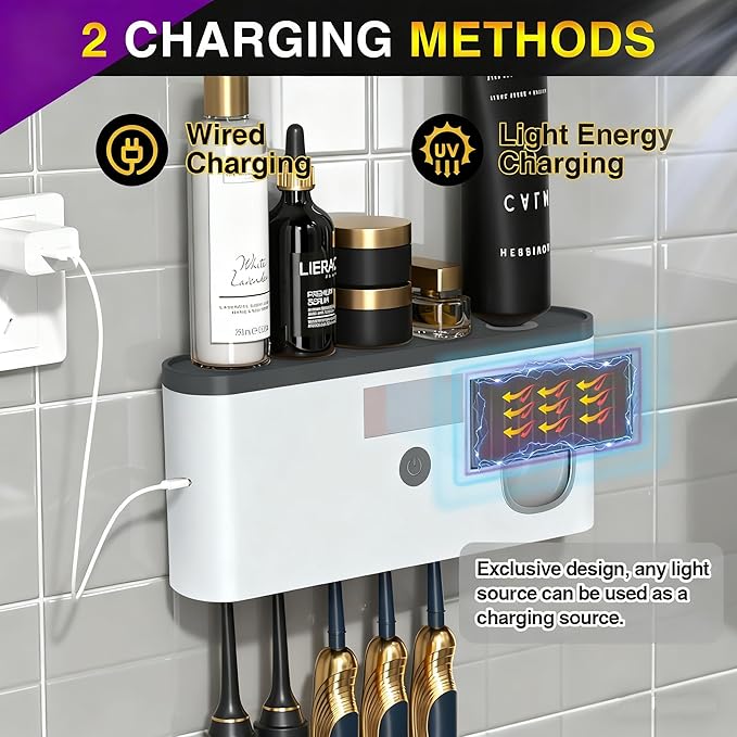 Wall Mounted Toothbrush Holder with Toothpaste Dispenser Electric Toothbrush Holder for Bathroom Solar Charging and No Drilling Required Smart Toothbrush Organizer with 5 Brush Slots