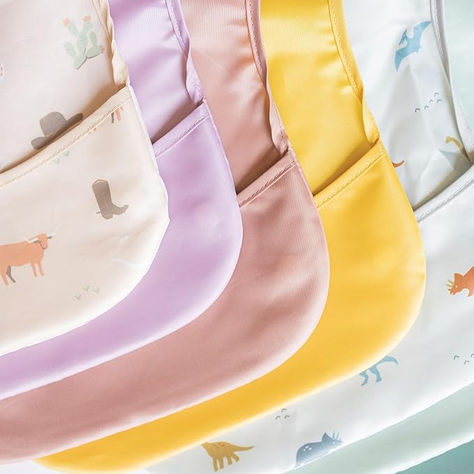 Tiny Twinkle Mess-Proof Baby Bibs for Eating | Waterproof, Wipeable Toddler Bibs with Catch-All Pocket | Feeding Bibs for Girls & Boys(3 Pack,Taupe, Rose)