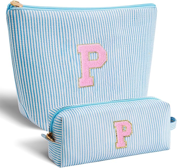 Personalized Makeup Bag for Women Girls - Fashion Cosmetic Bag Trendy Travel Toiletry Bag with Initials Letter - Teen Gifts - Blue,P