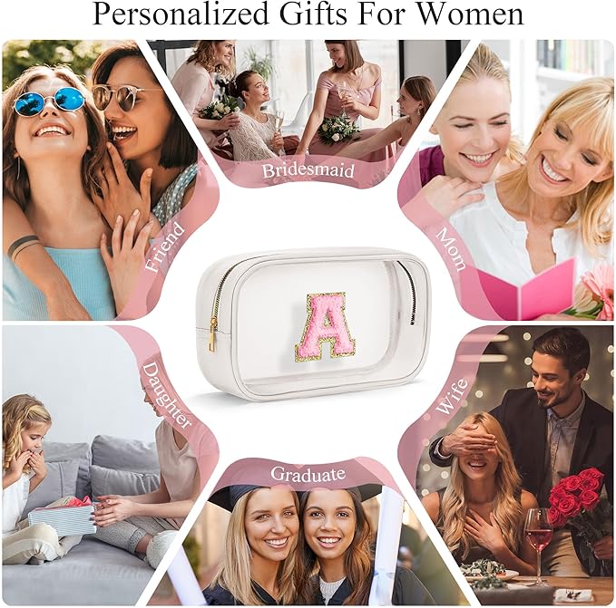 YOOLIFE Travel Toiletry Bag for Women, White Clear Makeup Bag Cute Make Up Bag Cosmetic Bags Skin Care Makeup Bag Organizer Birthday Gifts for Women Bridesmaid Mother Girlfriend Initial D