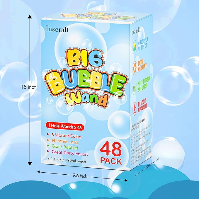 Inscraft 48 Pack 14’’ Big Bubble Wands, 8 Colors Bulk for Summer Toy, Outdoor/Indoor Activity Use, Easter, Birthday, Graduation, Shower, Bubbles Party Favors Supplies for Kids