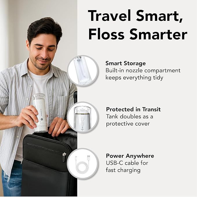 Portable Water Flosser for Teeth Cleaning – Travel Size, Compact & Cordless Water Flosser with UV Sterilizer, 5 Nozzles, 4 Pressure Modes, USB-C Rechargeable Dental Tool for Home or On-The-Go Use
