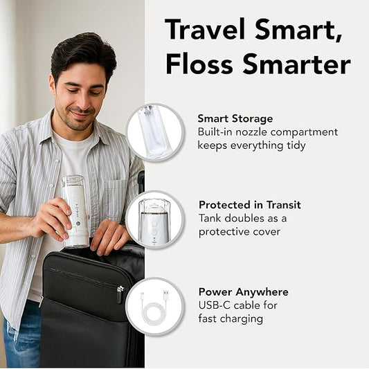 Portable Water Flosser for Teeth Cleaning – Travel Size, Compact & Cordless Water Flosser with UV Sterilizer, 5 Nozzles, 4 Pressure Modes, USB-C Rechargeable Dental Tool for Home or On-The-Go Use