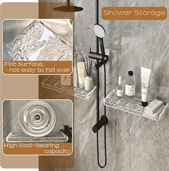 2 Piece Shower Organizer, Wall Floating Shelf, Clear Wall Mounted Organizer for Bathroom Storage and moreAcrylic No Drill Wall Mount Adhesive Shelf