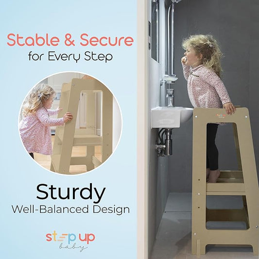 Stepup Baby Toddler Step Stool - Adjustable Height Kids Helper Step Stool, Durable, Non-Slip Platform for Bathroom Sink & Kitchen Counter, Toddler Tower for Exploration and Growth - Varnished
