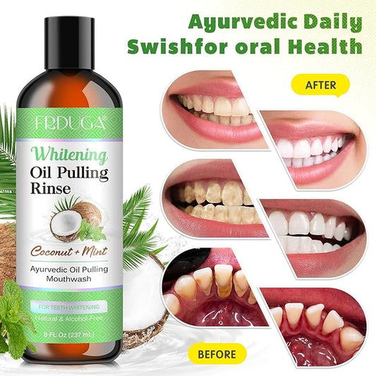 Pulling Oil for Teeth with Natural Coconut&Peppermint Essential Oils and Vitamin D, E, Alcohol Free Mouthwash，Helps with Fresh Breath, Teeth Whitening, Gum Health- with Tongue Scraper, (8 Fl. Oz) (1)