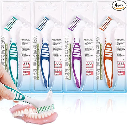 Denture Brush 4 Pack,Double Sided Denture Toothbrushes, Multi-Layered Bristles & Ergonomic Rubber Anti-Slip Handle Denture Brush Toothbrush, for Denture Cleaning Care