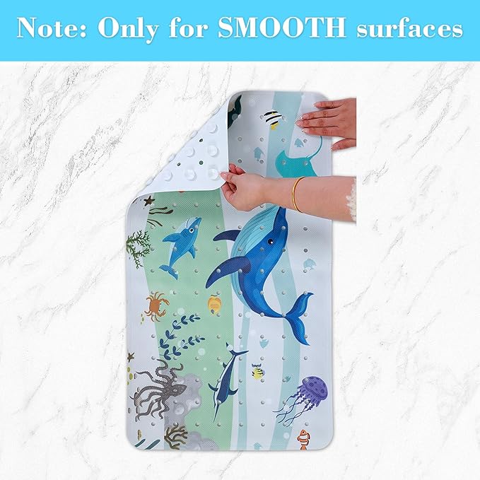 Bath Mat for Tub Non Slip, Machine Washable Anti-Slip Cartoon Baby Bathtub Shower Mat with Drain Holes and Suction Cups for Toddler & Kids (27.5 Inch x 16 Inch-Rectangular, Blue Dolphine)