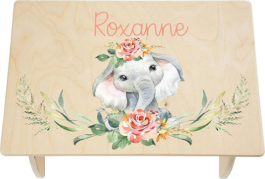 Step Stool for Toddlers- Personalized Wood Kids Step Stool with Name for Kitchen Sink, Bathroom, Potty Training, Toilet, Kitchen Sink- Sturdy and Safe- Made in USA by BloomOwl (Elephant- Coral Floral)
