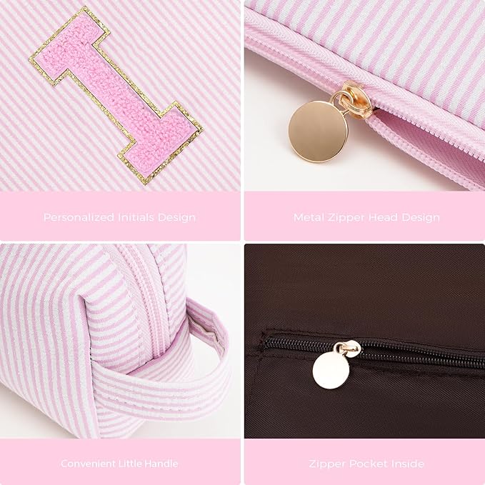 Personalized Makeup Bag for Women Girls - Fashion Cosmetic Bag Trendy Travel Toiletry Bag with Initials Letter - Teen Gifts - Pink,I