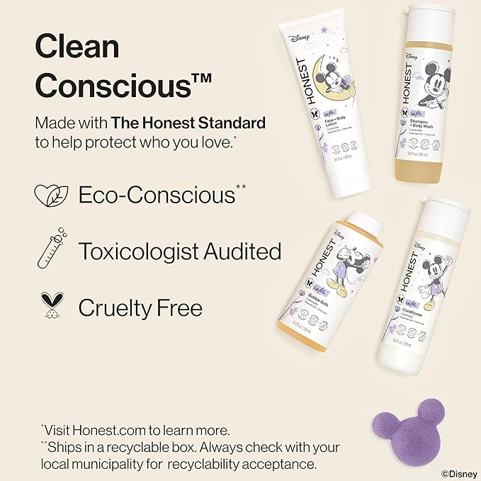 The Honest Company Calm Lavender Bathtime Gift Set and Disney Design Hypoallergenic Bath for Sensitive Baby Skin Shampoo Body Wash Face Lotion Bubble Conditioner Sponge