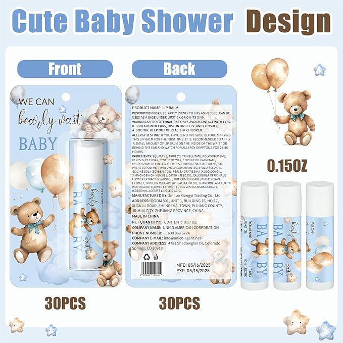 30 Pack Blue Bear Baby Shower Games Prizes Gifts Bulk Bear Lip Balms Favors for Winners Boys Girls Gender Reveal Favors Decorations Halloween Thanksgiving Baby Shower Souvenirs Gift Bags Stuffer