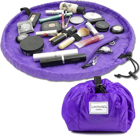 Lay-n-Go Cosmo Layflat Drawstring Cosmetic & Makeup Bag Organizer w/Zipper Pocket, Brush Loops & More, Cinch to Close, Lay Flat to Use, Durable, Machine Wash, Travel Toiletry Bag (20", Purple)