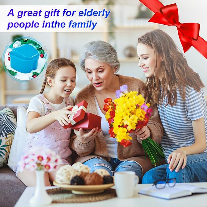 2 Pack Denture Cup Denture Bath Holder Case with Strainer Basket, Dental Retainer Cleaner Case False Teeth Container Denture Bath Soaking Cup with 2 Brushes - Purple and Blue