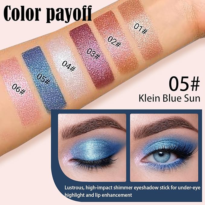 Blue Glitter Cream Shimmer Eyeshadow Sticks, Multichrome Matte Eye Shadow Stick, Waterproof and Long-Lasting Smooth Cream Eye Highlighter Stick Makeup for Women, 5 Klein Blue Sun