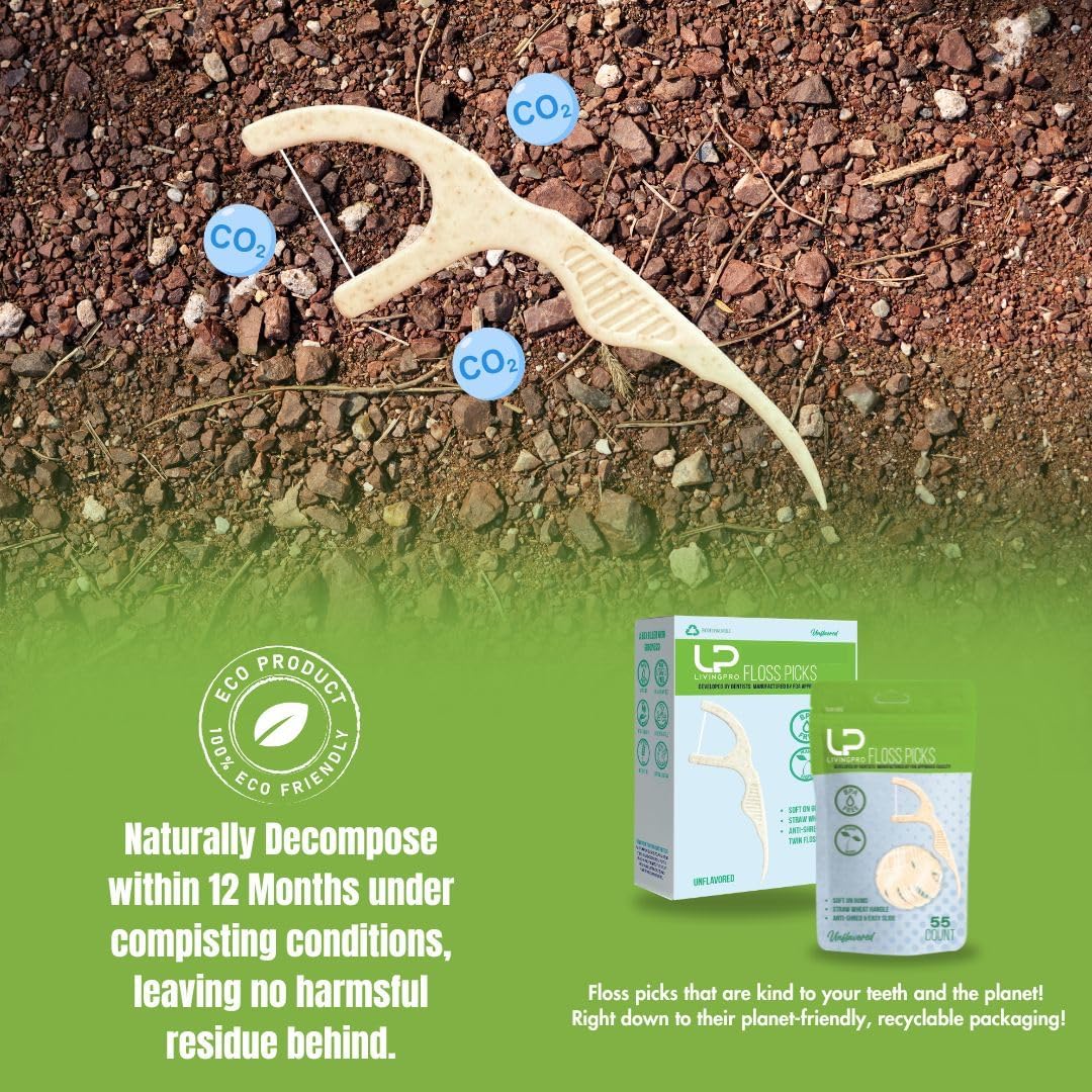 Twin Line Eco Floss Picks (220 Count) - Plant-Based Straw Wheat Floss Sticks with Travel Case | 2X More Effective Cleaning-Compostable Tooth Flossers, Thin & Shred Resistant Thread |