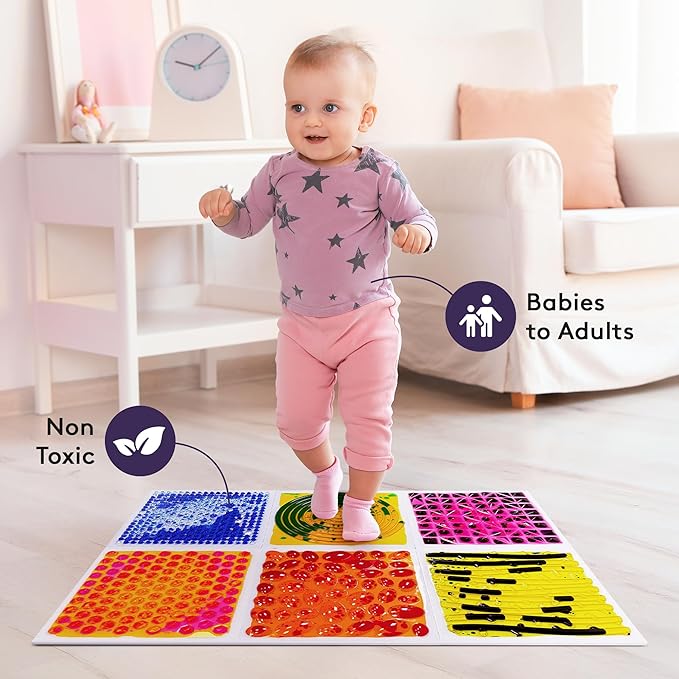 Special Supplies Textured Square Floor Liquid Tiles for Kids, Set of 6, Colorful Early Learning Sensory Activity Mats for Toddlers and Children, Anti-Slip Backing for Active Play, Dance, and Games