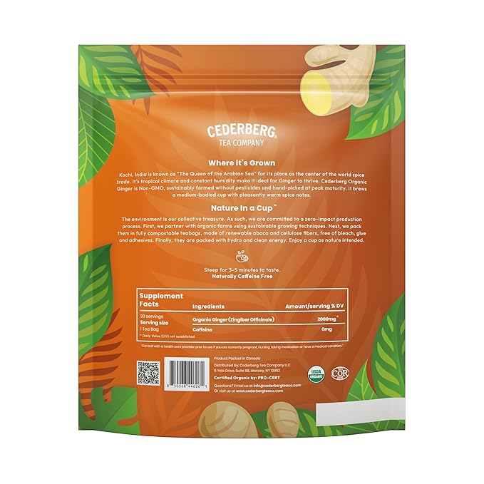 Cederberg Tea Company Organic Ginger Tea — 30 Tea Bags | Organic Herbal Tea From Single Origin | Eco-Friendly Tea Bags | Non-GMO Caffeine Free Tea With Zero Sugar