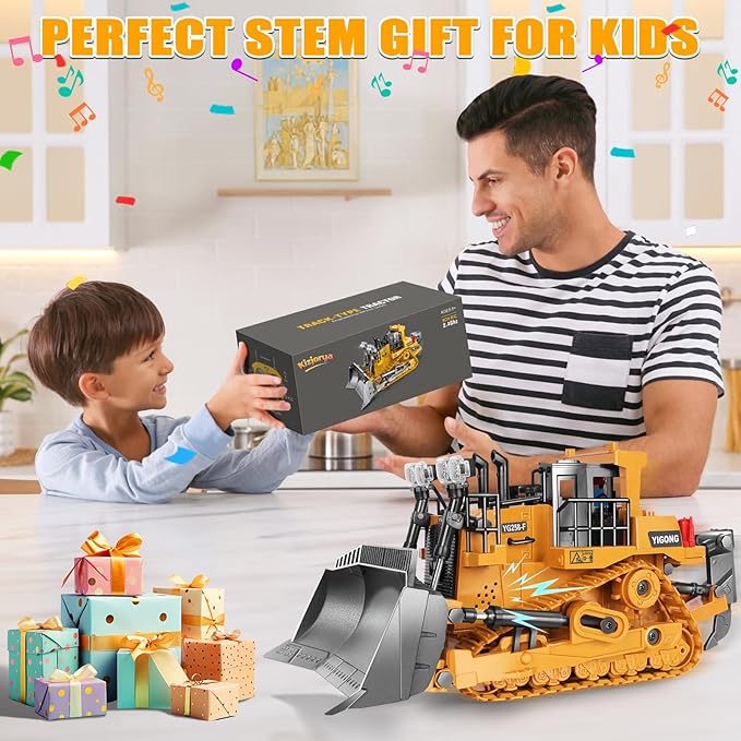 Remote Controlled Bulldozer, 9-Channel Metal RC Construction Vehicle Toy with Lights, Sound, and Rechargeable Battery, Remote Controlled Bulldozer Toy Gift for Kids Boys Girls Aged 4-12 (2.4 GHz)