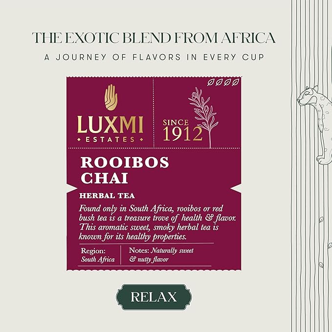 Luxmi Estates Rooibos Chai Organic Rooibos Tea with Spices (50 Tea Bags) Caffeine Free Tea Bags For Relaxing, Calming, and Stress Relief, With Certified Organic Rooibos Tea