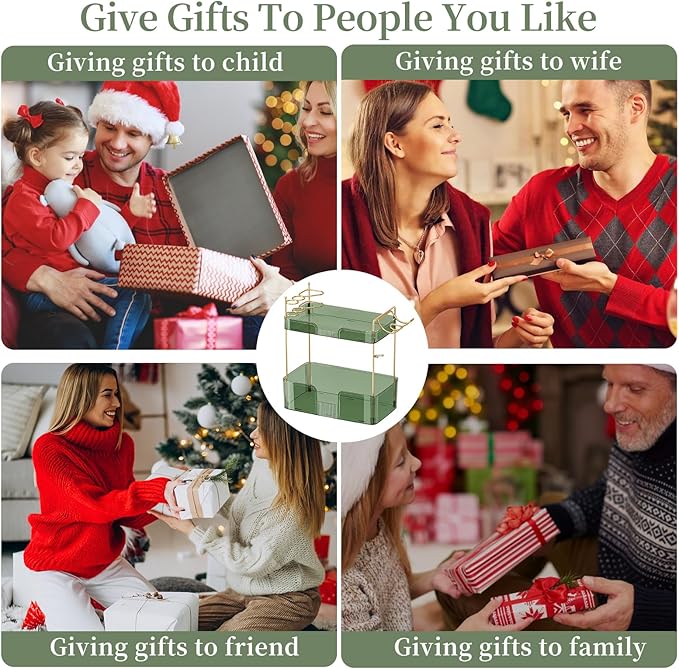 2 Tier Bathroom Counter Organizer with Hair Dryer Holder, Modern Style, Countertop Mount, 2 Shelves, Green