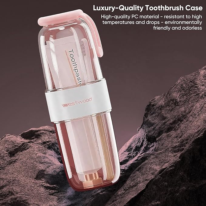 Westwood Travel Toothbrush Case Travel Toothbrush Holder with Cup, Large Toothbrush Container for Toothbrush Toothpaste Razor, Portable Toothbrush Holder with Cover for Home Business School (Pink)