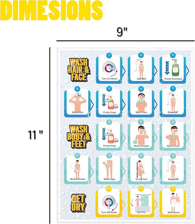 Shower Chart for Kids – Step-by-Step Visual Guide, 9x12 Inch Laminated Self-Care Chart for Children with Special Needs and Autism, Promotes Independent Hygiene Routine (English)