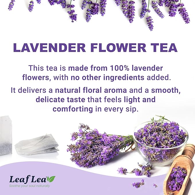 LeafLea 40 Premium Lavender Tea Bags, Natural Lavender Flowers, Lavendar Herbal Tea with Delicate Floral Aroma & Smooth Flavor, Relaxing Evening Infusion, No Caffeine, No Sugar, Individually Wrapped