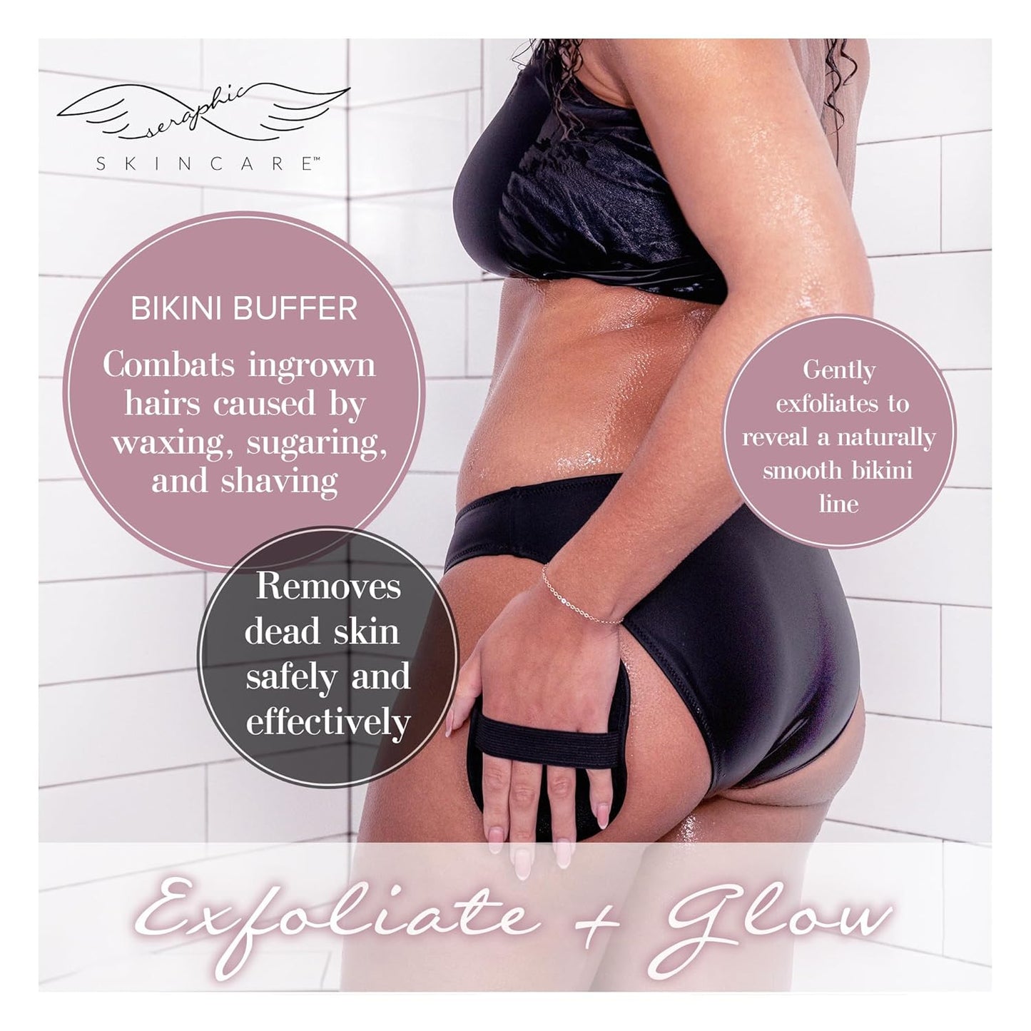 Seraphic Skincare Bikini Buffer – 100% Vegan Viscose Scrub Mitt For Women – Gently Exfoliates Dead Skin – Ingrown Hair & Razor Bumps Treatment on Bikini Area – Natural & Effective Exfoliation