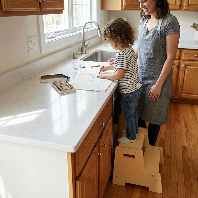 Stepup Baby Wooden Step Stool for Kids Varnished – 2-Step Toddler Stool with Handles, Birch Plywood, Anti-Tip Base & Rounded Corners – Bathroom Sink & Countertop Step Stool