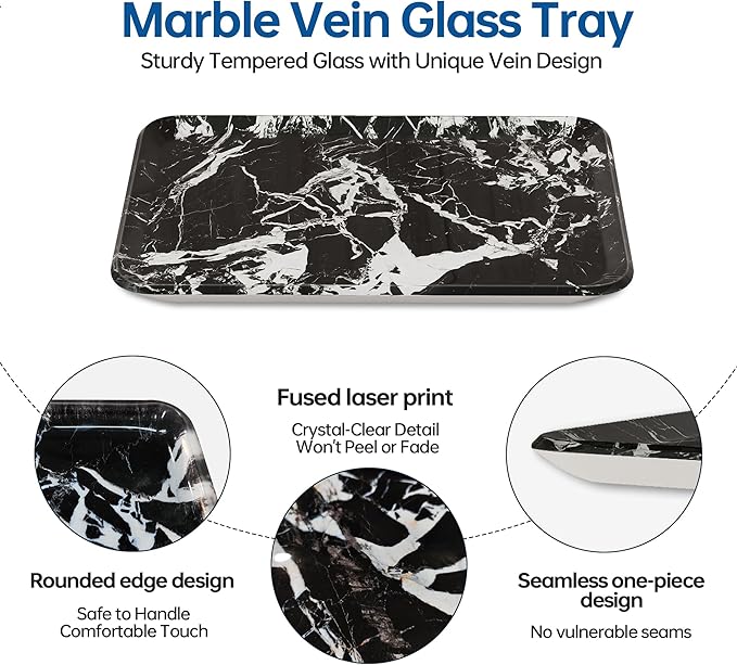 Vanity Decorative Tray, 12" x 8" Black Marble Pattern Perfume Tray, Bathroom & Countertop Organizer for Soap, Jewelry, Candle