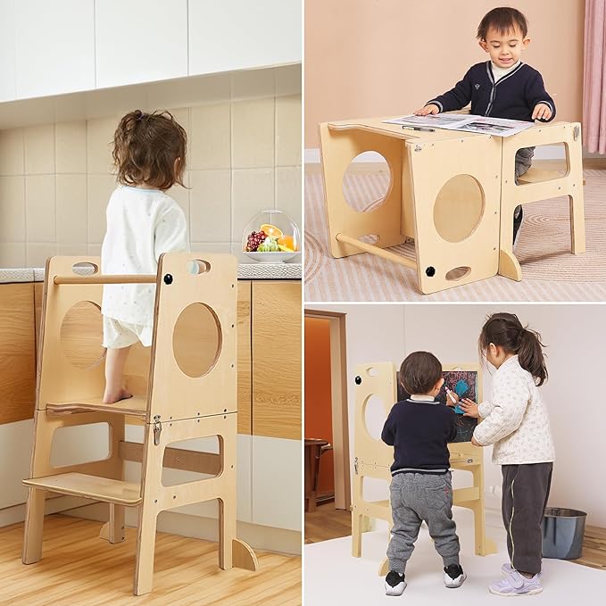 Toddler Tower Step Stool for Kids Kitchen Stool Helper Toddler Standing Tower Foldable Children Table Kids Table and Chair Set Montessori Helper Tower Natural