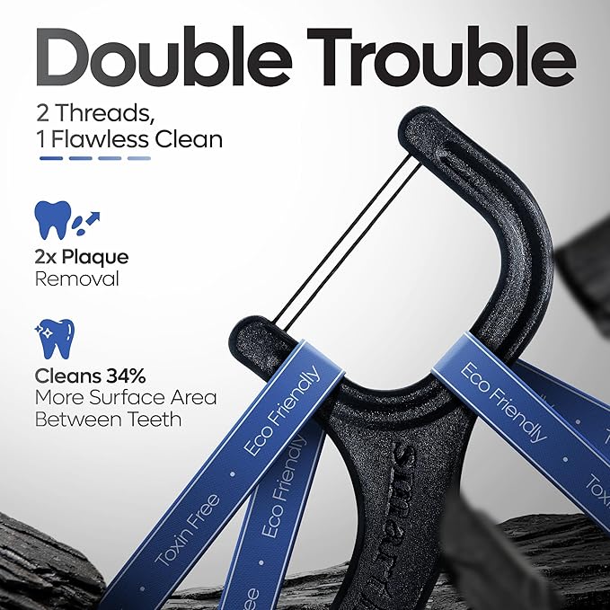 SmartLifeco Eco-Friendly Dual-Thread Dental Floss Picks (100ct) - Flossers Made with Straw Wheat Blend, Natural Teeth Whitening, Tooth Pick Stick for Adults, Activated Bamboo Charcoal Floss Thread