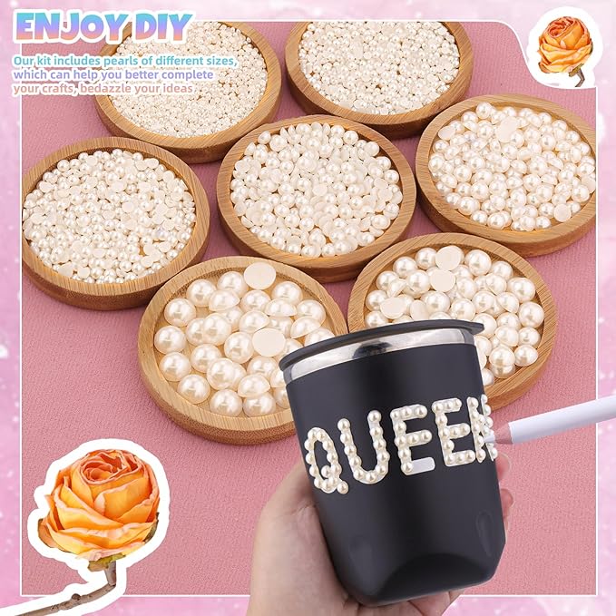 Nail Art Flat Back Half Round Pearl Kits, Mixed Sizes 6000 Pcs with B7000 Jewelry Glue Beige Small Pearls for Nails with Picking Tools for Graduation Cap Decorations Home DIY Body Face Craft Use