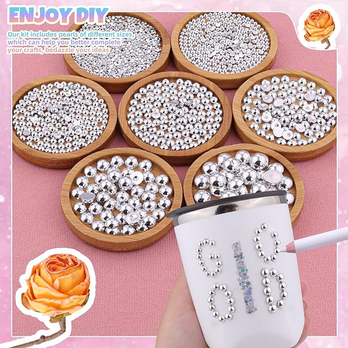 13500Pcs Flatback Pearls for Bedazzling (Silver) with B7000 Jewelry Glue, Assorted Size 2/3/4/5/6/8/10mm Half Pearl, Bedazzling Gems for Crafting Clothing Tumbler Shoes Embellishment Nail Art