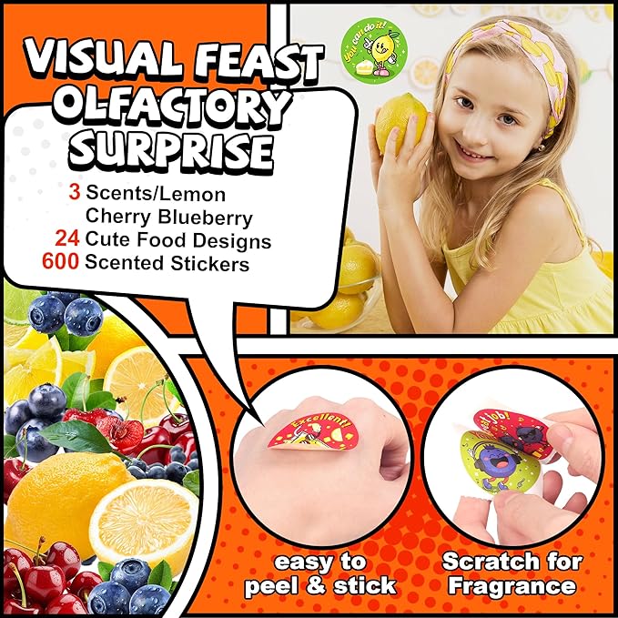 HORIECHALY 3 Rolls Scratch and Sniff Scented Stickers for Kids, 600 Pcs Smelly Motivational Reward School Stickers, Scented Encouragement Classroom Sticker for Teachers, Students(1.57")