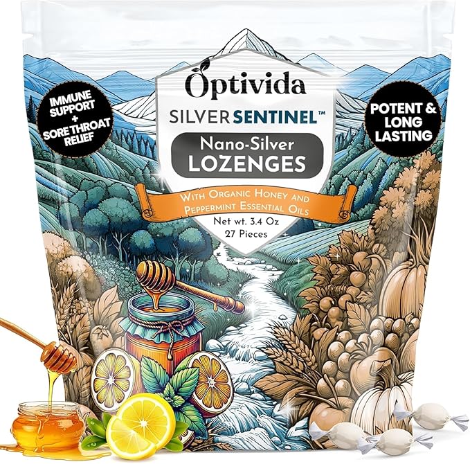 OPTIVIDA Health Colloidal Silver Lozenges with Honey & Lemon Oil (1 Pack) - Soothing Sore Throat Lozenges for Adults with Cough Relief & Fast-Acting Nano Silver Formula for Immune Support, 60 Ppm