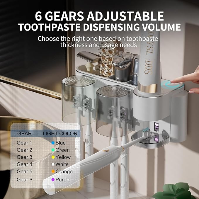 Automatic Toothpaste Dispenser Wall Mounted: 2 Cups Toothbrush Holders White Electric 6 Adjustable Levels Auto Toothpaste Squeezer Smart Rechargeable Touchless for Kids Adults - Bathroom
