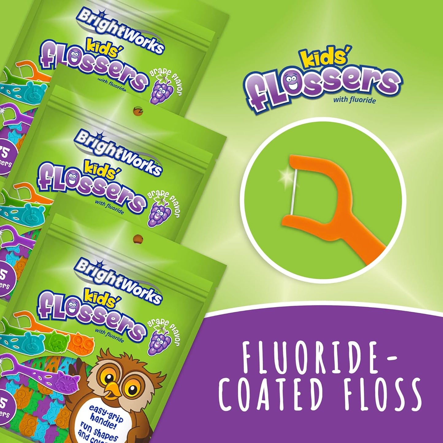 Kids’ Grape-Flavored Dental Flossers, Colorful Animals add Fun to Support Healthy Habits, Easy-Grip Handle and Fluoride-Coated Floss, Pack of 3 x 75 Pieces