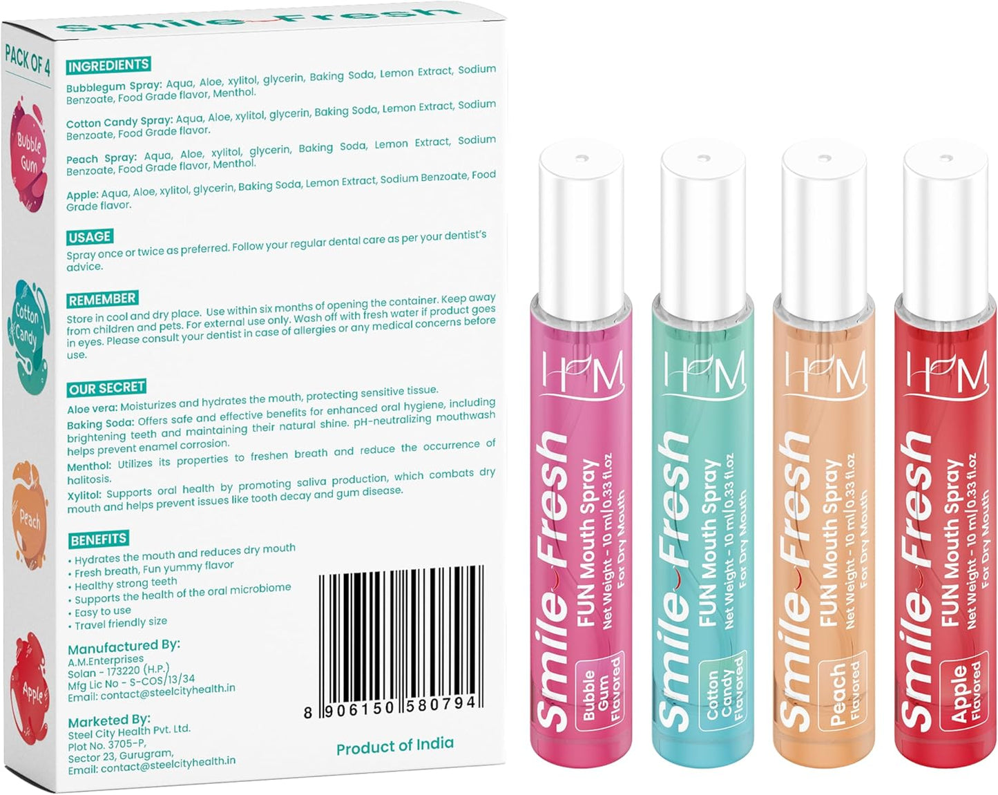 HM - Dry Mouth Fun 4 Flavoured Spray - Peach, Bubble Gum, Cotton Candy & Apple - Alcohol Free, Instantly Hydrate & Moisturize, Ph Balanced, Promotes Saliva Production & Soothes Pack of 4 x 0.33 oz
