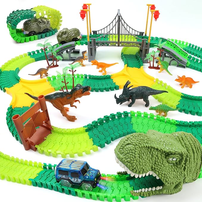 Dinosaur World Race Track Toys - 216pcs Flexible Track Playset with 1 Dinosaur Car, 1 Race Car, 6 Dino Toys, for Kids 3 4 5 6 Year & Up Old (Boys and Girls)