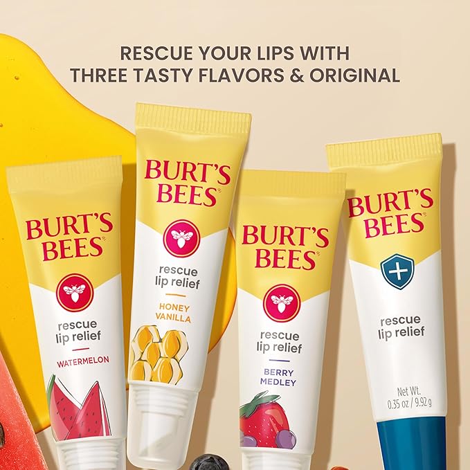 Burt's Bees Stocking Stuffers, Rescue Lip Relief, Watermelon, Hydrating Lip Balm for Dry Cracked Lips, with Responsbily Sourced Beeswax and Shea Butter, 100% Natural Origin, 1 Squeezy Tube, 0.35oz