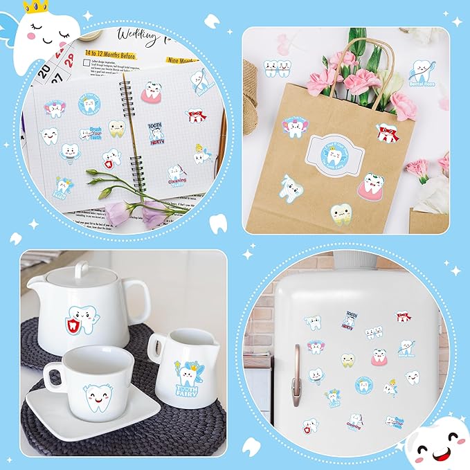 CJiangpo 1000Pcs Tooth Roll Stickers, Funny Dental Tooth Fairy Sticker Decals for Laptop Water Bottle Scrapbook DIY Crafts, Baby Shower Birthday Party Decoration Gift for Boy Girl