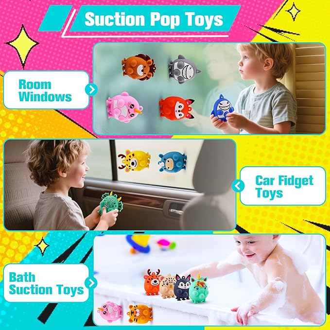 24 PCS Party Favors for Kids, Silicone Animal Pop Fidget Toys with Suction, Birthday Gifts for Boy Girls, Treasure Box Toys, Goodie Bag Stuffers, Prizes for Kids, Pinata Stuffers