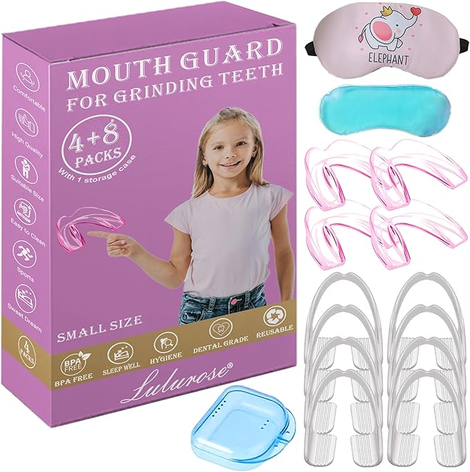 Kids Mouth Guard Moldable (Pink 4 Count) & Disposable Mouth Guard (8 Pcs) for Grinding & Clenching Teeth | Comfortable Nighttime Protection Guard | Including Hygiene Case & Eye Mask with Gel Ice Pack